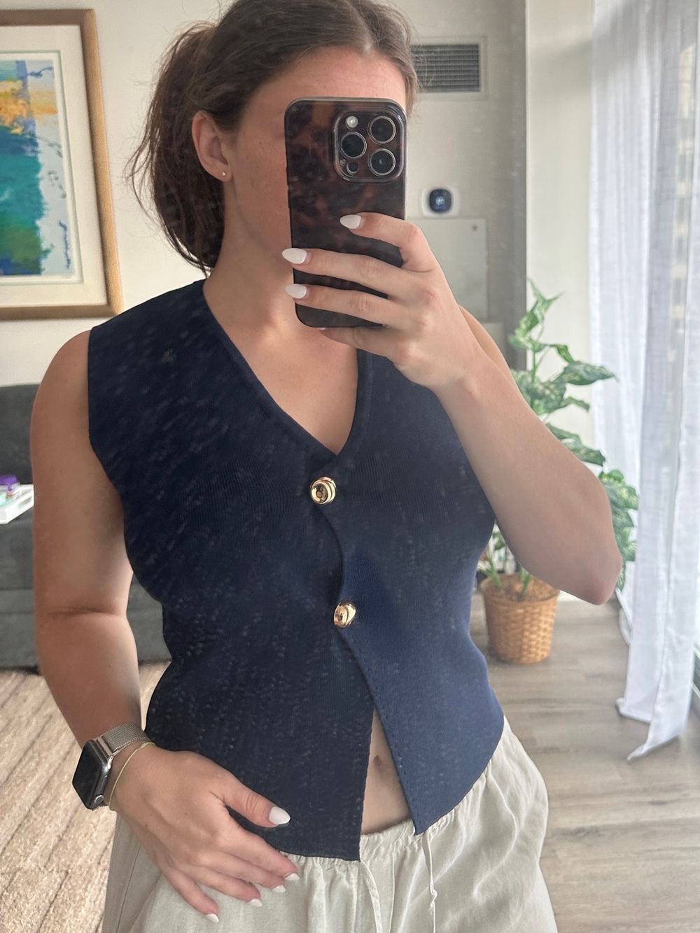 Zara Navy Ribbed Sleeveless Top with Gold Buttons